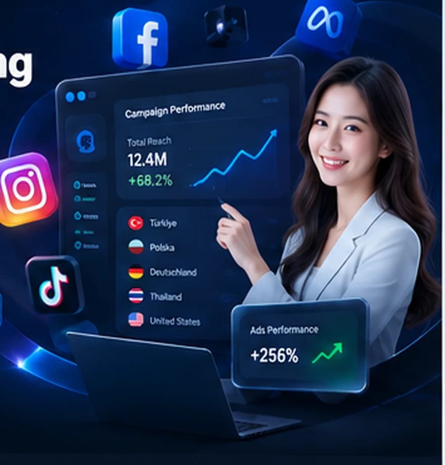 Dark mode concept advertising illustration of a professional consultant and dashboard
